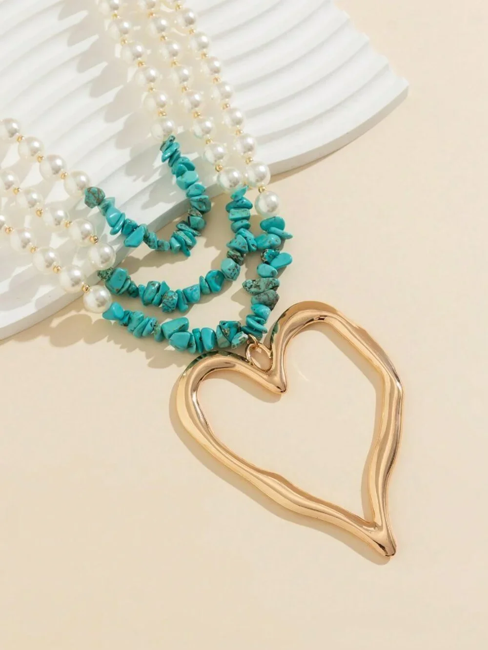 Multicolor Boho Women's Necklace with Turquoise Faux Pearl Heart Pendant